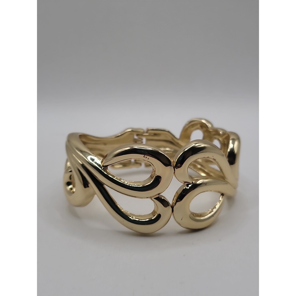 Gold Tone Wide Hinged Cuff Bracelet Openwork Swirl Scroll Statement Jewelry